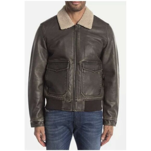 Lucky Brand Mens Brown Faux Leather Faux Fur Collar Jacket Zip SZ L - Picture 1 of 9